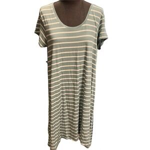 Matilda Jane Women's  Dress M Green Crème Stripe Cap Sleeve Asymmetrical Hem